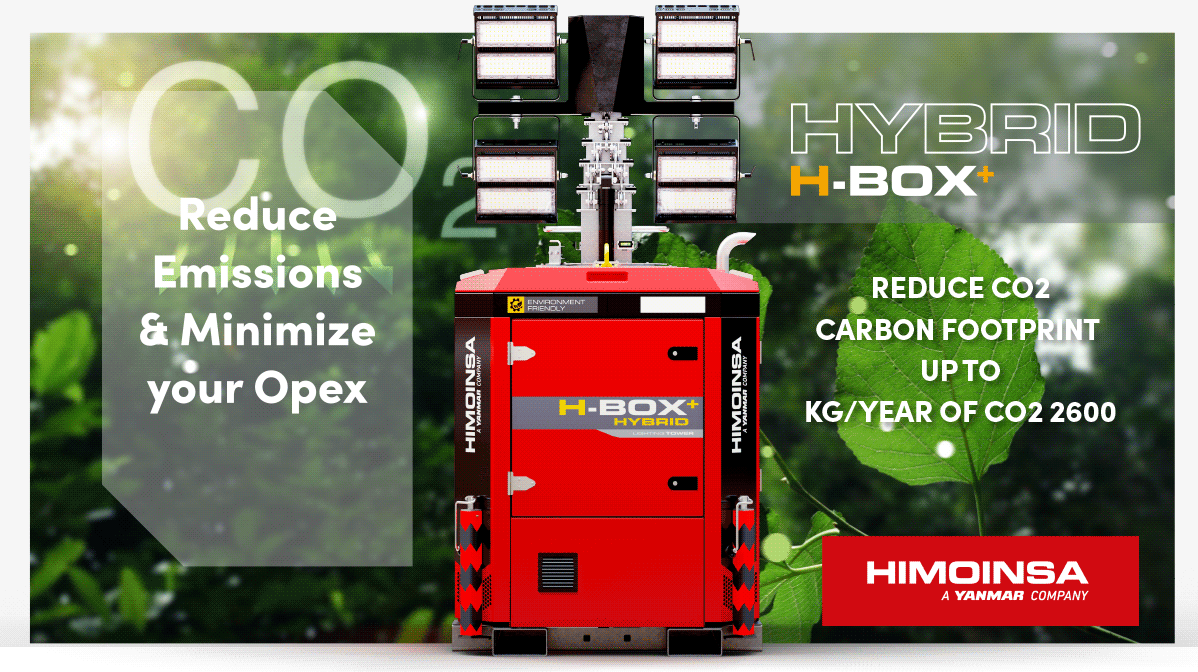 Reduce emissions, noise and operating costs with HIMOINSA’s new lighting tower, the HBOX+ HYBRID
